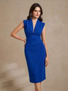 Amorya Élégante Robe sans manches bleue pour femme avec col en V torsadé et coupe ajustée