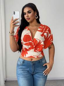SHEIN Unity Blusa de manga corta con cuello en V y estampado, para mujeres de talla grande en verano - Albaricoque - Ver 4