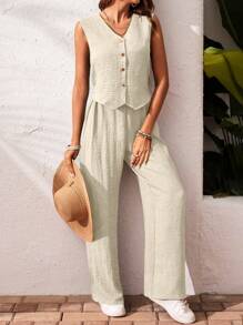 SHEIN Frenchy Set de 2 piezas compuesto por top de tirantes y pantalones sueltos de unicolor para mujer, ideal para el verano