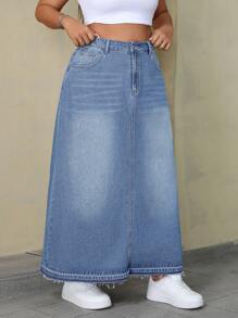 SHEIN ICON Váy denim dài thêm viền thô thường ngày cỡ lớn cho nữ - Rửa nhẹ - Xem 1