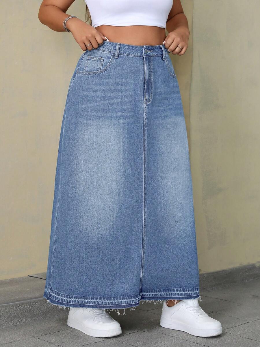 SHEIN ICON Váy denim dài thêm viền thô thường ngày cỡ lớn cho nữ - Rửa nhẹ - Xem 1