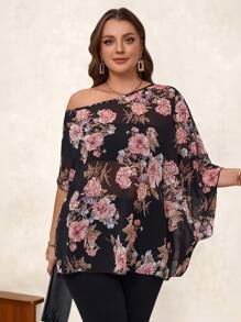 Chikora 大码女士浪漫优雅印花不对称领蝙蝠袖宽松衬衫，适合夏季穿着，也适合春季穿着，是度假、春假、外出等场合的理想之选。 - 彩色 - 查看 6