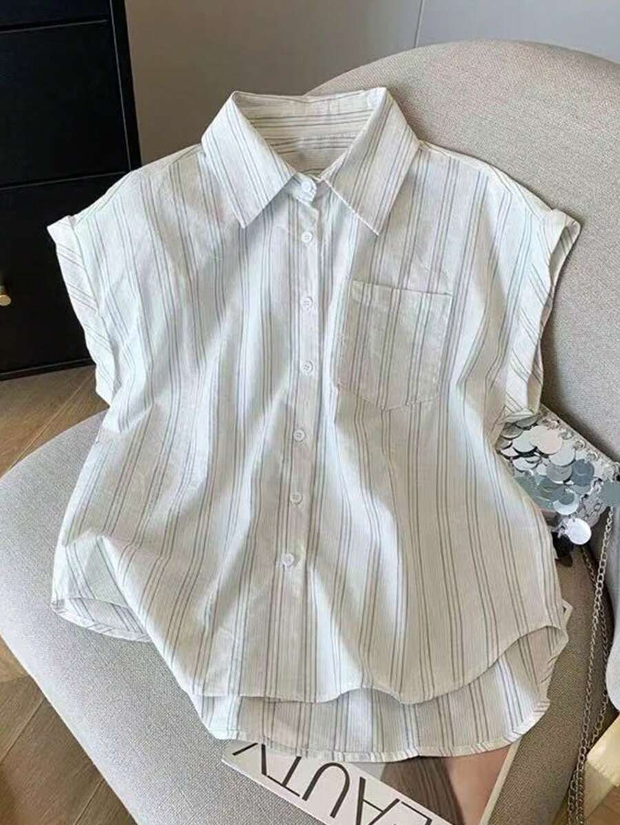 SHEIN 女式条纹印花翻盖口袋前扣夏季休闲衬衫 - 彩色 - 查看 1
