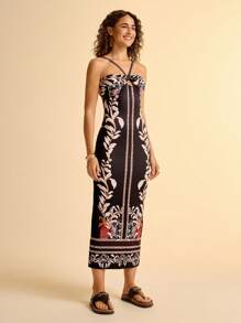 CAJUNI Vacation Casual Tropical Print Black Halter Tie Waist Maxi Bodycon Dress For Women - Black - View 3