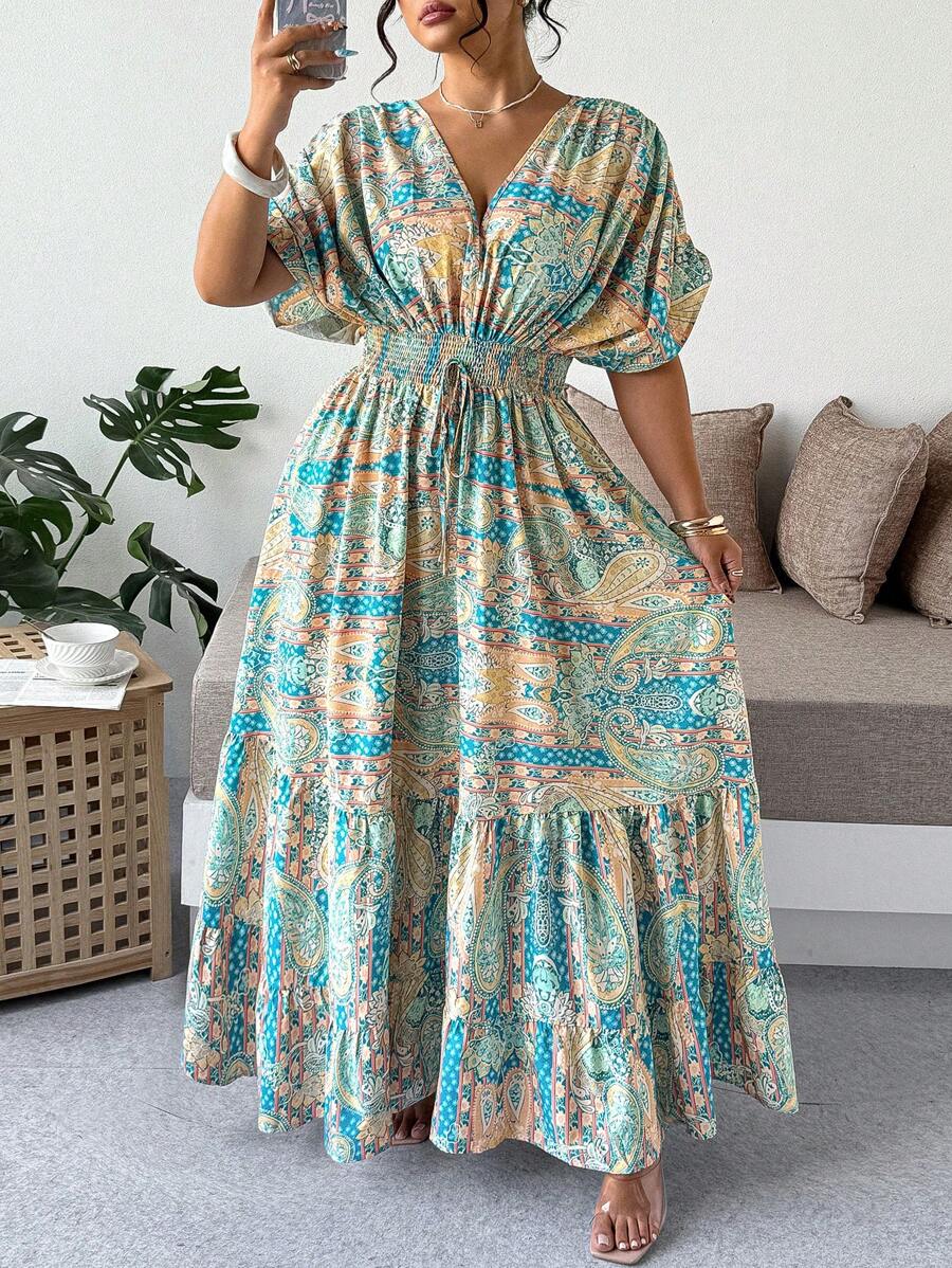 SHEIN Clasi Plus Size Women "Vacation" V-Neck Floral Print High Waist Ruffle Hem Dress - Multicolor - View 1