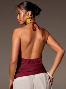 Athîral 女士纯色褶皱深V领性感时尚吊带背心 - 酒紅色 - 查看 5