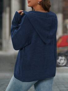 SHEIN LUNE Plus Size Women Long Sleeve Single-Breasted Hoodie Cardigan Fall Winter Cloth For Women Autumn - Navy Blue - View 2