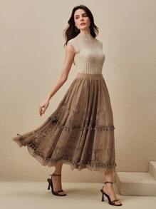 Anewsta Váy nửa thân ren Jacquard lưới bướm lễ hội âm nhạc xuân hè cho nữ Váy nửa thân xòe rộng - màu nâu - Xem 5