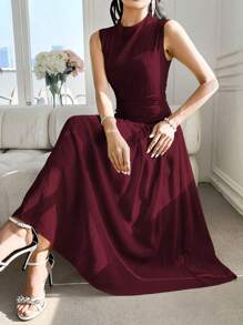 Modelyn Women's Design Sense Mock Neck Sleeveless Ruched Midi Dress - Burgundy - View 3