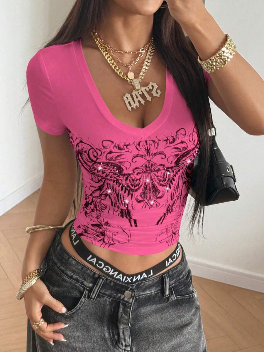 StreetHx 女式修身朋克 V 领短袖 T 恤，哥特式花卉印花，水钻，街头时尚，舒适汗衫，复古 Y2K 暗黑美学，春夏 - 玫紅色 - 查看 1