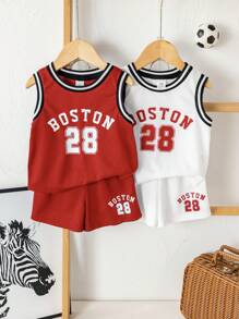SHEIN Set de 4 piezas de ropa de verano informal para niño bebé que incluye camiseta de baloncesto con estampado y shorts
