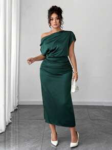 Elenzga Plus Size Women Satin Draped Neck Asymmetric Ruched Waist Slim A-Line Dress, Summer