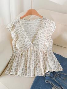 CosyJoli 大码夏季休闲简约度假花卉印花 V 领荷叶边拼接女式衬衫