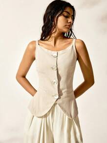 Easelle Women Casual/Holiday Square Neck Buttoned Front Split Hem Tank Top - Apricot - View 4