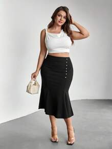SHEIN Privé Plus Size Women Romantic Fishtail Hem Pearl Button Skirt, Elegant For Romantic Dates - Black - View 13