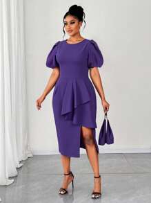 Maweii Vestido ceñido de talla grande para mujer con dobladillo asimétrico, cintura ceñida, elegante para ir al trabajo y de uso casual - Morado - Ver 4
