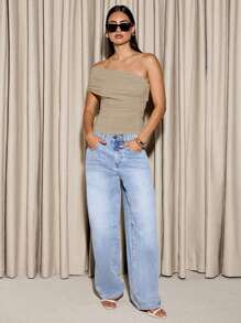 AiiRZ Ruched One Shoulder Asymmetric Bandeau Top Evening Party Club Occasion Wear Spring Summer Fashion Sleeveless Modern Fitted Bodycon - Beige - View 3