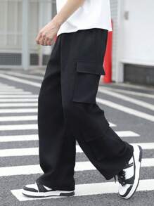 PantsHub 1 件青少年男孩休闲运动学院艺术复古黑色工作服直筒裤，配有大型立体工作口袋，适合返校生日派对、晚会、表演、婚礼、洗礼、开幕式、日常穿着，适合日常使用，适合上学，适合度假和旅行，适合运动，适合春夏季节