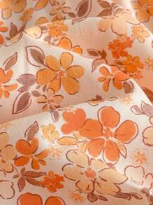 Loomiva Baby Girl Floral Print Knit Soft Round Neck Ruffle Hem Sleeveless Bodysuit - Orange - View 5