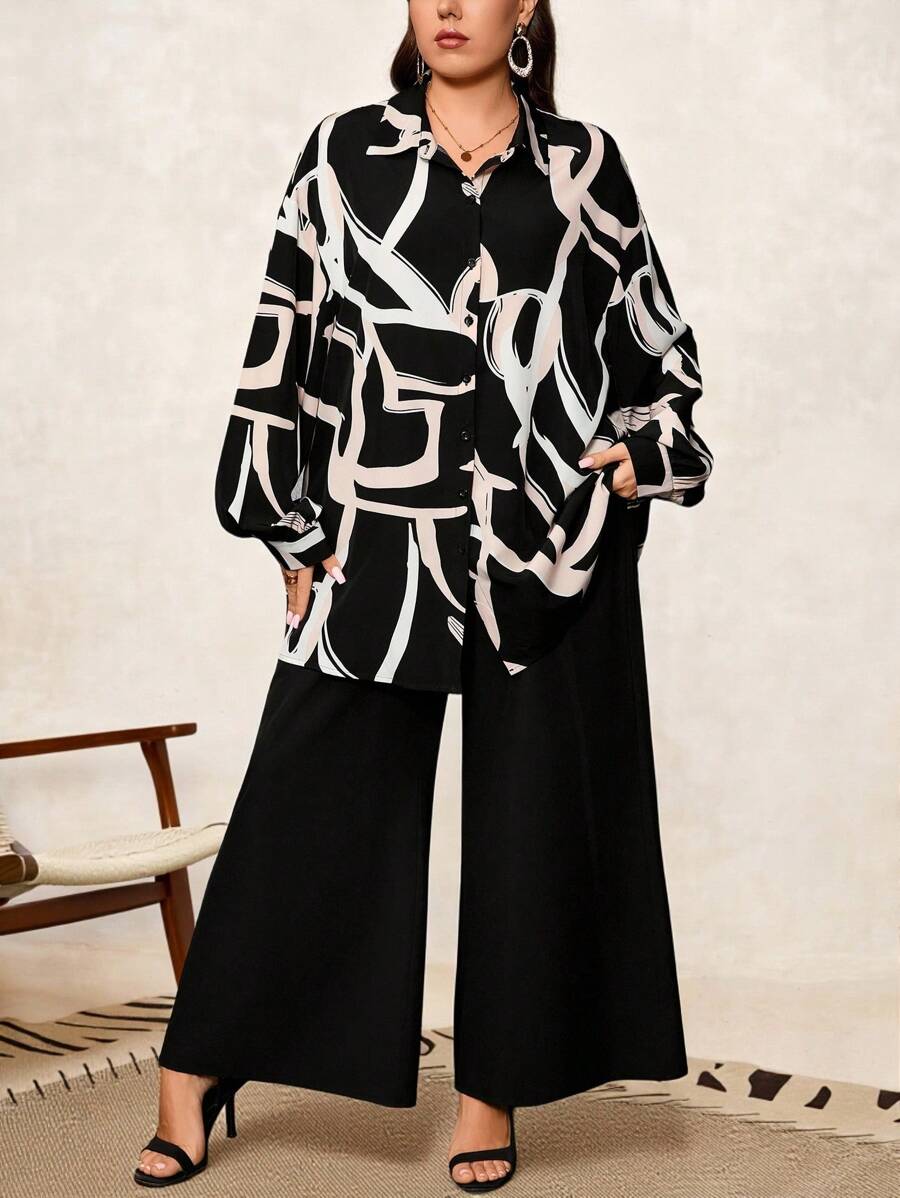 Chikora 大码休闲满印花落肩灯笼袖衬衫和阔腿裤两件套，商务休闲女装 - 黑色 - 查看 1