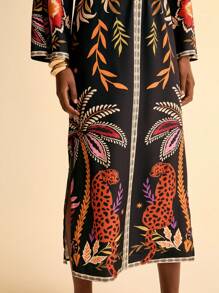 CAJUNI Women Boho Tropical Leopard & Plant Print Hollow-Out Back Waist Long Sleeve Dress For Vacation - Black - View 6