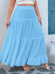 Breezaya 大码女式优雅度假荷叶边下摆纯色 A 字裙 - 藍色 - 查看 3