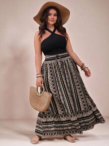 SHEIN VCAY Plus Size Women Bohemian Style Geometric Printed Skirt