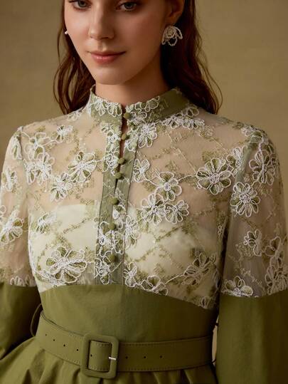 MOTF PREMIUM Vestido corto acampanado con panel de malla bordado, mangas de linterna, hebilla y cinturón