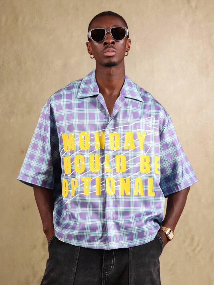 Oversized Boxy Fit Plaid Graphic Button Down Shirts