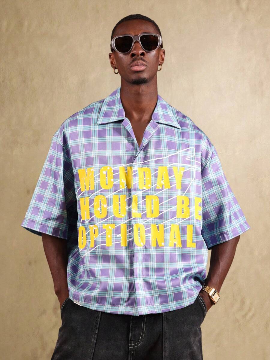 SUMWON 超大宽松版型纽扣衬衫格子街头休闲周末个性图案短袖夏季春季 - 紫色 - 查看 1
