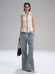 LYSMO White Summer Seksi Chic Club Night Women's Halter Neck Backless Gathered Waist Slim-Fit A-Line Tie-Front Shirt,Siren Chic Office Casual Workwear Top - White - View 8