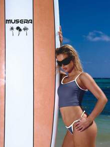 Musera Resort Top de bikini ajustado con ribete de contraste, solo para verano, , vacaciones, sexy, ropa de playa de Ibiza - Azul - Ver 1