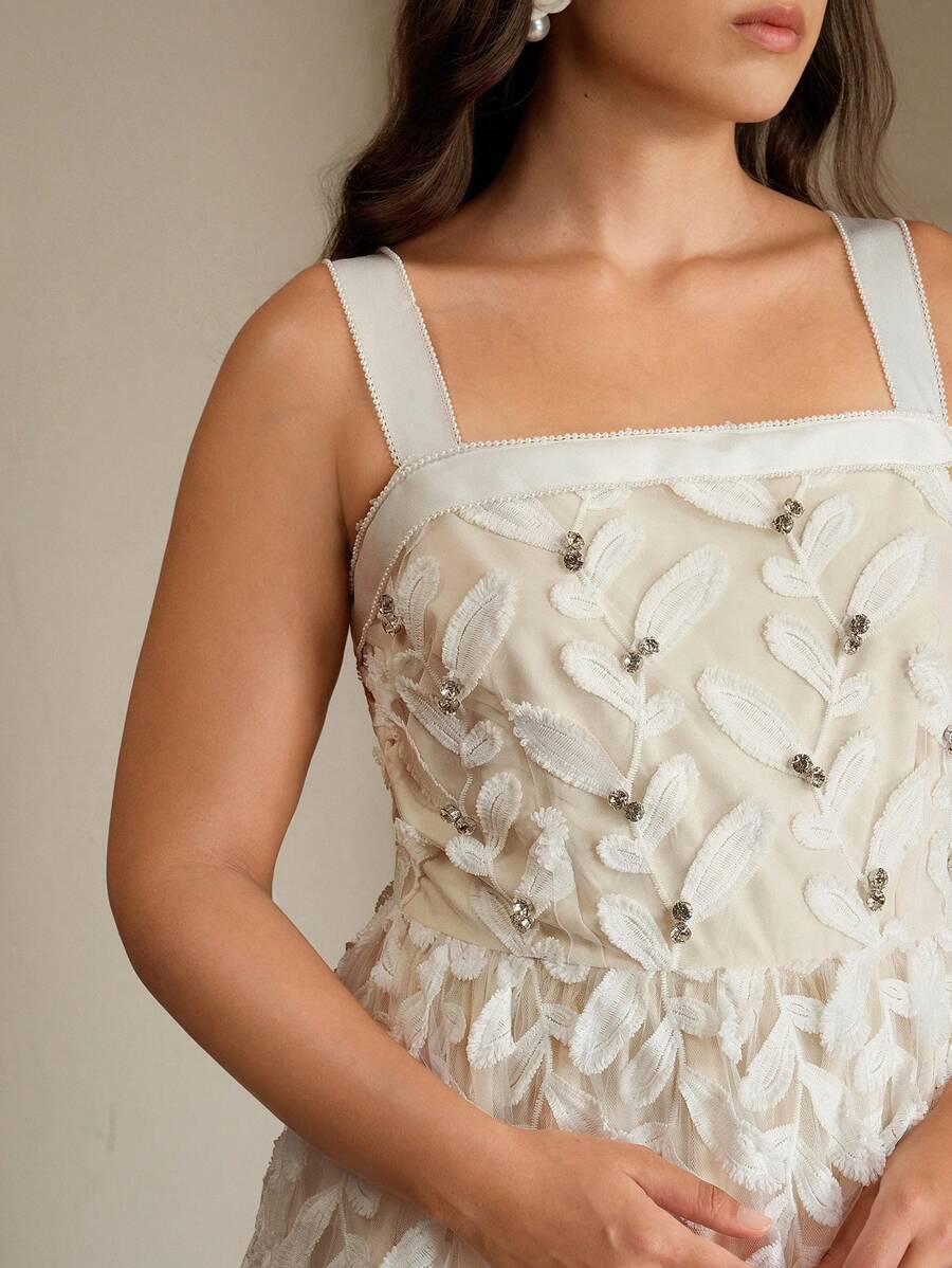 Anewsta 大码女式夏季婚礼宾客礼服优雅都市羽毛网纱薄纱长款派对吊带裙 - 白色 - 查看 1