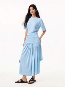 LYSMO Women's Solid Color Round Neck Drop Shoulder Ruched Hem Ruffled Casual Dress - Baby Blue - View 3