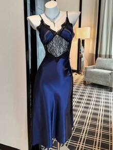 SilkySpell Sexy V-Neck Lace Patchwork Sheer Waist Camisole Nightgown For Women - Navy Blue - View 7