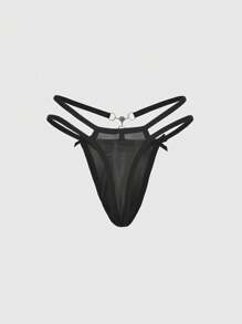 ROMWE Goth 1 pieza Tanga con decoración de cuentas de metal con estilo gótico - Negro - Ver 2
