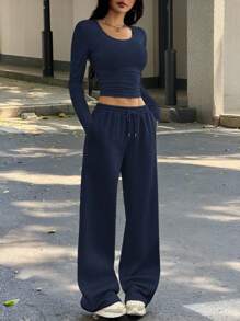 CovetEZ 2pcs Women Casual Navy Blue Round Neck Long Sleeve Top And Pants Set - Navy Blue - View 7