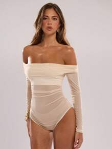 SHEIN BAE 女士露肩纯色性感透明网眼拼布荷叶边紧身衣，适合万圣节