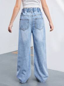Girls Floral Print High Waist Versatile Wide Leg Jeans - Light Wash - View 2