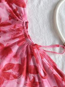 SHEIN Rochie scurtă cu imprimeu floral tropical, cu funde, model preadolescent, stil vară și eleganță, ținute asortate pentru mami și cu mine