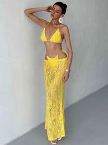 Aloruh Women's Yellow 3 Piece Bikini Set With Skirt Halter Sleeveless Micro Crop Top And Lace Maxi Skirt Co-Ord Set For Summer - Yellow - View 6