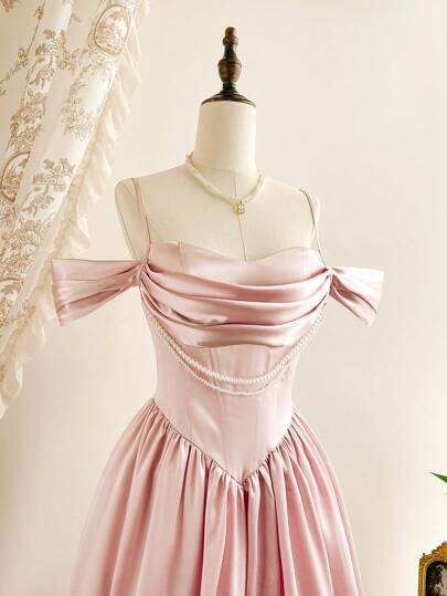 Vintamour 复古优雅缎面仿珍珠项链露肩连衣裙，女士正式派对节日服装，女士夏季连衣裙，女士夏季服装，女士夏季连衣裙，女士夏季度假服装，女士婚礼宾客礼服，女士生日礼服，夏季服装，女士生日服装，度假礼服，女士紧身胸衣连衣裙，夏季连衣裙，女士派对礼服，女士节日服装，女士早午餐服装