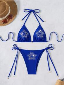 SHEIN Swim Women's Vacation Beach Swimsuit Set, Rhinestone Embellished For Summer - Blue - View 4