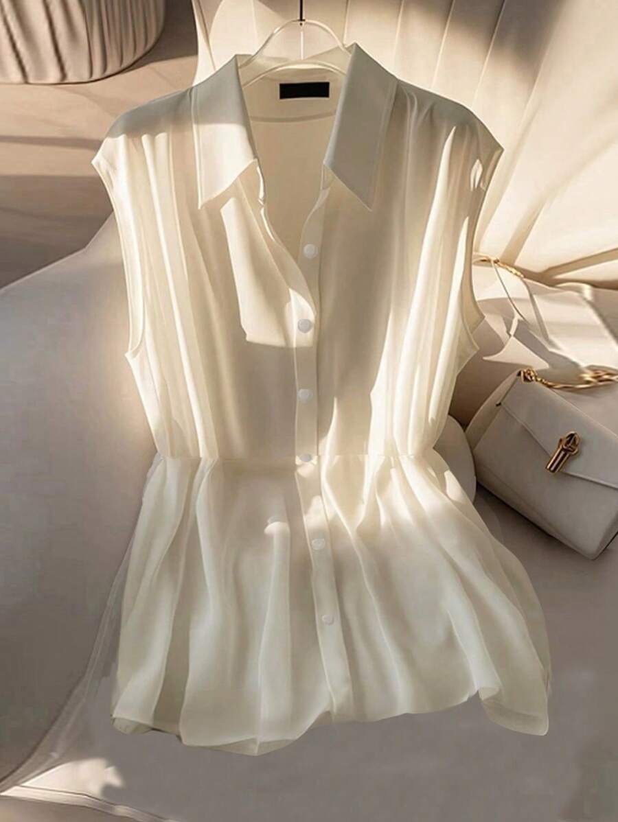 Franclia Áo cánh thắt eo không tay màu trắng tinh tế dành cho nữ - Màu be - Xem 1