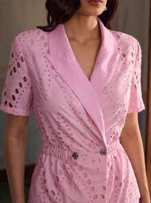 ZEYLAH Lace Patchwork Flax Elegant Spring & Summer Vacation Vibe Short Sleeve Dress Set - Pink - View 2
