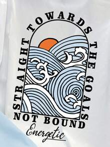 Manfinity Joysei 男士休闲波浪图案 T 恤和裤子，配有抽绳腰部和松紧腰带，适合夏季舒适服装