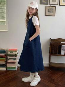 DAZY Vestido peto vaquero sin mangas para niñas preadolescentes para otoño, ropa de vuelta al colegio