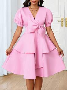 SHEIN Lady Four Seasons Women's Pink Bow V-Neck Puff Sleeve Short Dress Party Tea Party Dress Graduation Graduation Dress Graduation Dresses Pink Dress Pink Pink Skirt Pink Dress For Women Pink Dresses Pink Dresses For Women Elegant Dresses For Women Elegant Dress For Women Elegant Dress Women Elegant Dresses For Party Elegant Dress Elegant Dresses For Ladies Elegant Dresses Stylish Clothing Collection Chic Evening Dress - Pink - View 9