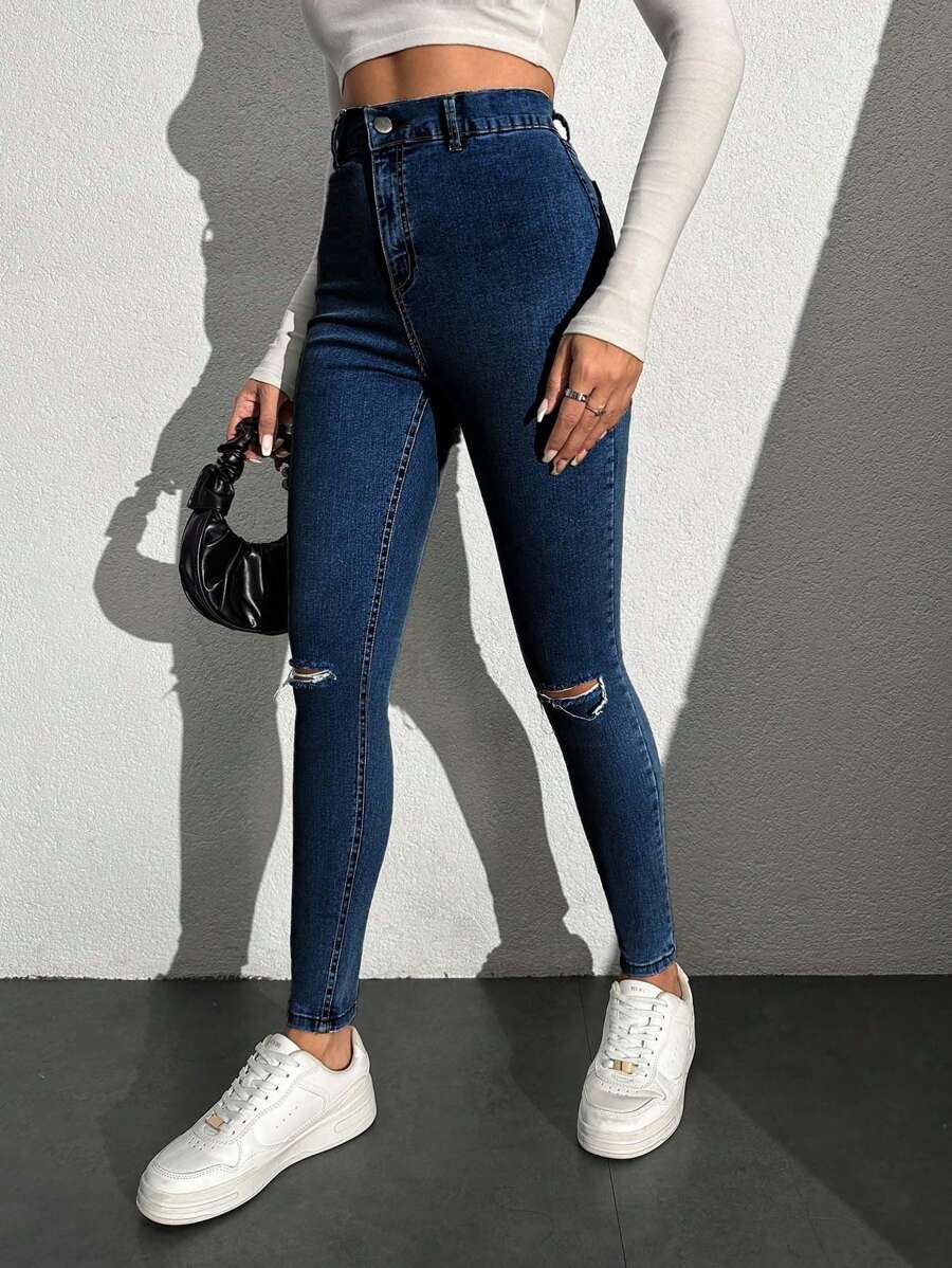 EURMUSE Ladies' Ripped Tight Jeans - Dark Wash - View 1