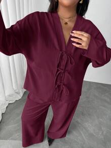 Firerie Plus Size Elegant Business Casual Two Pieces Set: Loose Tie-Front Blouse & High-Waist Relaxed Fit Pants, Suitable For Commute, Work, Afternoon Tea, Dates, Concerts, Parties, Vacation,Business Casual Woman